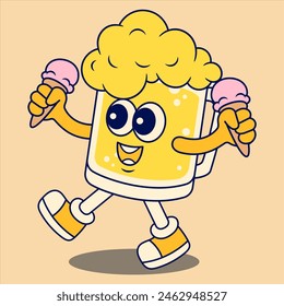 Happy Beer Mug Mascot Character holding Ice Cream. Retro Flat Cartoon Style. Cartoon Funny Character. Vector Illustration for Logo, Mascot, Merchandise, T-Shirt, Stickers, etc.