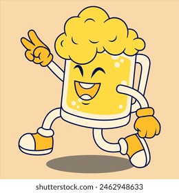 Happy Beer Mug Mascot Character. Retro Flat Cartoon Style. Cartoon Funny Character. Vector Illustration for Logo, Mascot, Merchandise, T-Shirt, Stickers, etc.