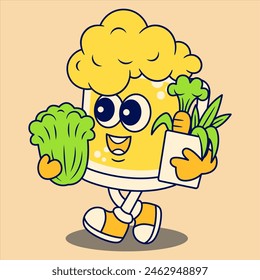 Happy Beer Mug Mascot Character holding Grocery Items. Retro Flat Cartoon Style. Cartoon Funny Character. Vector Illustration for Logo, Mascot, Merchandise, T-Shirt, Stickers, etc.