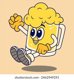 Happy Beer Mug Mascot Character. Retro Flat Cartoon Style. Cartoon Funny Character. Vector Illustration for Logo, Mascot, Merchandise, T-Shirt, Stickers, etc.