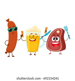 Happy beer mug, meat steak and frankfurter sausage characters having party, cartoon vector illustration isolated on white background. Funny smiling beer mug, steak and sausage characters celebrating