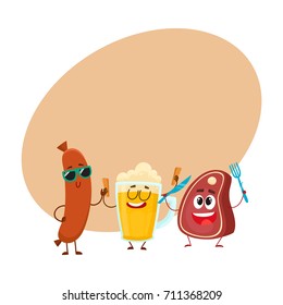 Happy beer mug, meat steak and frankfurter sausage characters having party, cartoon vector illustration with space for text. Funny smiling beer mug, steak and sausage characters celebrating