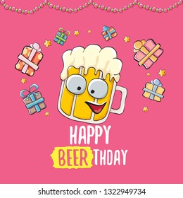 Happy Beerthday vector greeting card or background. Happy birthday party celebration poster with funky beer character and gifts