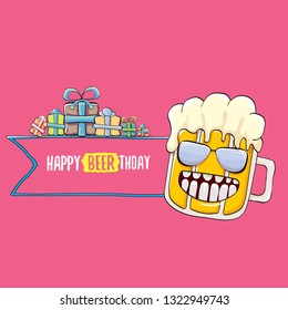 Happy Beerthday vector greeting card or background. Happy birthday party celebration poster with funky beer character and gifts