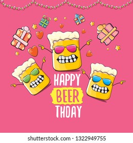 Happy Beerthday vector greeting card or background. Happy birthday party celebration poster with funky beer character and gifts