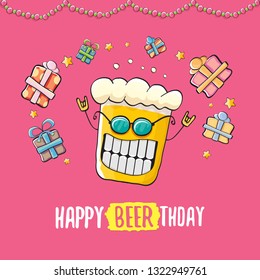 Happy Beerthday vector greeting card or background. Happy birthday party celebration poster with funky beer character and gifts