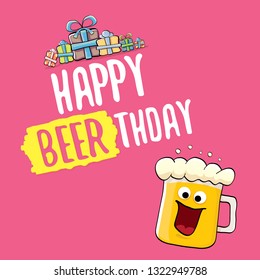 Happy Beerthday vector greeting card or background. Happy birthday party celebration poster with funky beer character and gifts