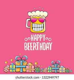 Happy Beerthday vector greeting card or background. Happy birthday party celebration poster with funky beer character and gifts