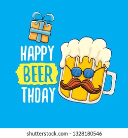 Happy Beerthday vector greeting card with beer mug. Happy birthday party celebration poster with funky beer character and gifts 