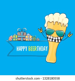 Happy Beerthday vector greeting card with beer mug. Happy birthday party celebration poster with funky beer character and gifts 