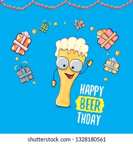 Happy Beerthday vector greeting card with beer mug. Happy birthday party celebration poster with funky beer character and gifts 