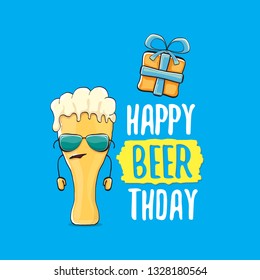 Happy Beerthday vector greeting card with beer mug. Happy birthday party celebration poster with funky beer character and gifts 