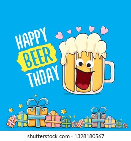 Happy Beerthday vector greeting card with beer mug. Happy birthday party celebration poster with funky beer character and gifts 