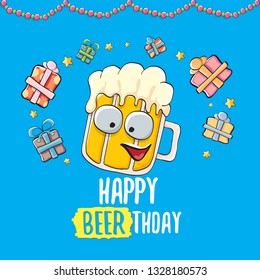 Happy Beerthday vector greeting card with beer mug. Happy birthday party celebration poster with funky beer character and gifts 
