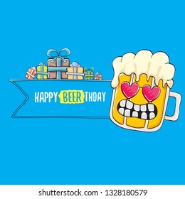 Happy Beerthday vector greeting card with beer mug. Happy birthday party celebration poster with funky beer character and gifts 