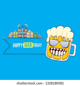 Happy Beerthday vector greeting card with beer mug. Happy birthday party celebration poster with funky beer character and gifts 