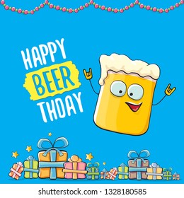 Happy Beerthday vector greeting card with beer mug. Happy birthday party celebration poster with funky beer character and gifts 