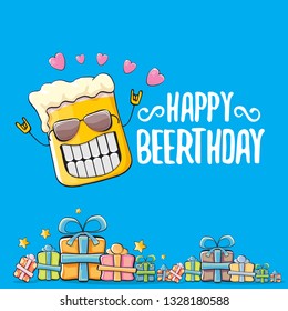 Happy Beerthday vector greeting card with beer mug. Happy birthday party celebration poster with funky beer character and gifts 