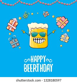 Happy Beerthday vector greeting card with beer mug. Happy birthday party celebration poster with funky beer character and gifts 