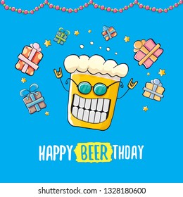 Happy Beerthday vector greeting card with beer mug. Happy birthday party celebration poster with funky beer character and gifts 