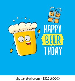 Happy Beerthday vector greeting card with beer mug. Happy birthday party celebration poster with funky beer character and gifts 