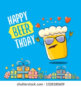 Happy Beerthday vector greeting card with beer mug. Happy birthday party celebration poster with funky beer character and gifts 