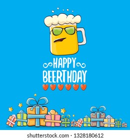 Happy Beerthday vector greeting card with beer mug. Happy birthday party celebration poster with funky beer character and gifts 