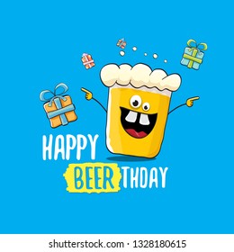 Happy Beerthday vector greeting card with beer mug. Happy birthday party celebration poster with funky beer character and gifts 