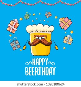 Happy Beerthday vector greeting card with beer mug. Happy birthday party celebration poster with funky beer character and gifts 