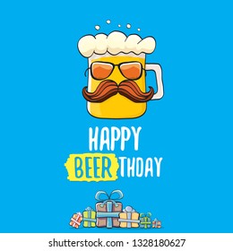 Happy Beerthday vector greeting card with beer mug. Happy birthday party celebration poster with funky beer character and gifts 