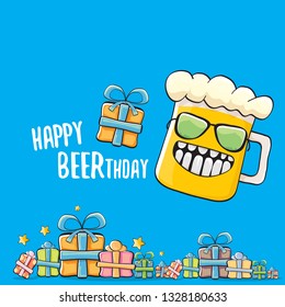 Happy Beerthday vector greeting card with beer mug. Happy birthday party celebration poster with funky beer character and gifts 