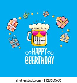 Happy Beerthday vector greeting card with beer mug. Happy birthday party celebration poster with funky beer character and gifts 