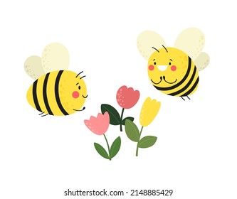 Happy bees with flowers. Vector illustration.