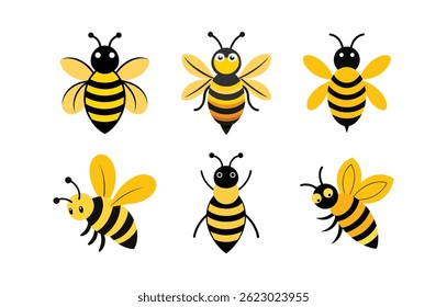 Happy bees flying set illustration on white background, Logo, Icon

