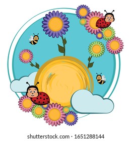 Happy bees and ladybugs with flowers - VEctor