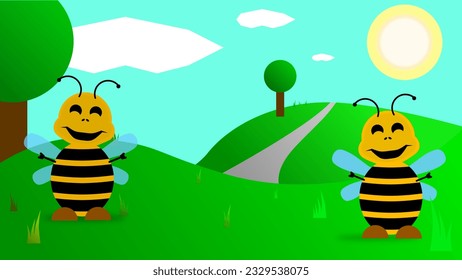 Happy bees in the meadow. Two cartoon bees, tree, hills. Summer landscape