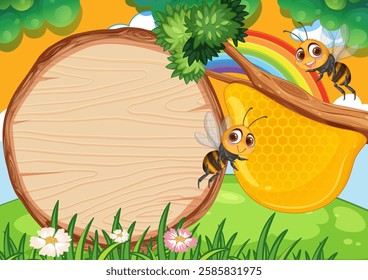 Happy bees near honeycomb with vibrant nature background