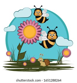 Happy bees and snail over a landscape - Vector