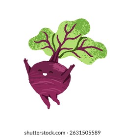 Happy beet smiles, jumps into air with hands up for joy. Cute beetroot rejoices at success, win. Funny root vegetable celebrates victory. Flat isolated hand drawn illustration on white background