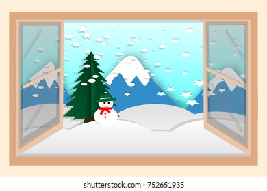 Happy behind the window behind the snow doll, falling snow, cold weather - vector illustration