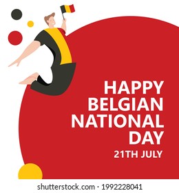 Happy Belgian National Day celebration vector template with a man jumping wearing a Belgian flag shirt. A man cheers for festivity.