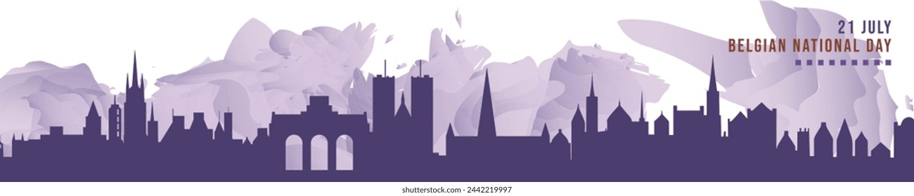 Happy Belgian National Day in July banner with cities skyline, panorama. Flat vector celebration graphic, layout for footer, steamer, header