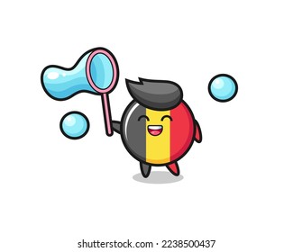 happy belgium flag badge cartoon playing soap bubble , cute style design for t shirt, sticker, logo element
