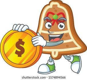 happy bell cookies cartoon character with gold coin