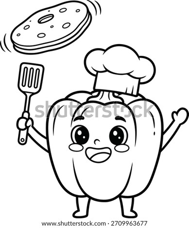 Happy bell pepper vegetable character wearing a chef hat, flipping a pancake with a spatula. Outline vector for coloring books, kids activities, educational printables, and food branding.
