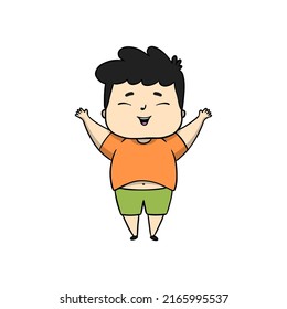 Happy belly fat boy, cute fat kids cartoon character vector illustration on white background