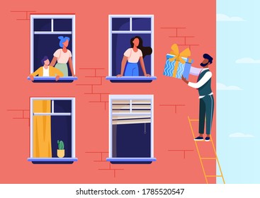 Happy beloved man giving gift for girlfriend. Ladder, window, present flat vector illustration. Love and relationship concept for banner, website design or landing web page