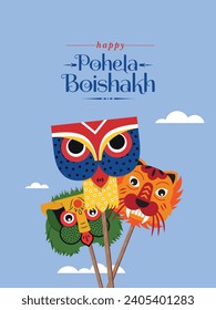 Happy Bengali New Year, Pohela Boishakh, Suvo Noboborsho, Bengali Traditional folk mask Design. Colorful Background and mask of Owls, Tiger.