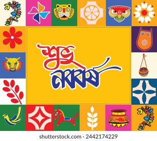 Happy Bengali New Year, Pohela boishakh, Suvo Noboborsho  illustration,  Bengali Traditional Design, colorful geometric background with splashes, speech bubbles, masks and confetti