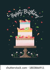 Happy Berthday Card With Cake And Flower